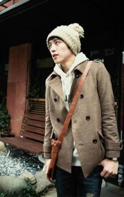 Men Double Breasted Mixed Woolen Short Trench Coat L  