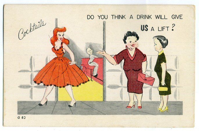 Postcard~Sexy Pinup Girl comic~Cocktails~bar Description Original 