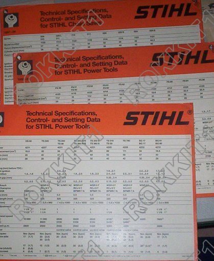Stihl Chainsaw Tech Specs Control Setting Data Cards  