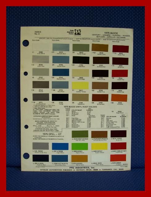 1975 BUICK Auto Paint Chip Colors Sheet   PPG Ditzler  