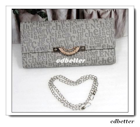 Womens Lady Fashion Letters Style Gray PU Bling Wallet Purse Chain 