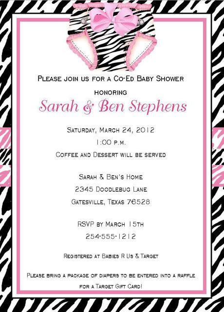 24 Zebra Print Pink Diaper Baby Shower Invitations  