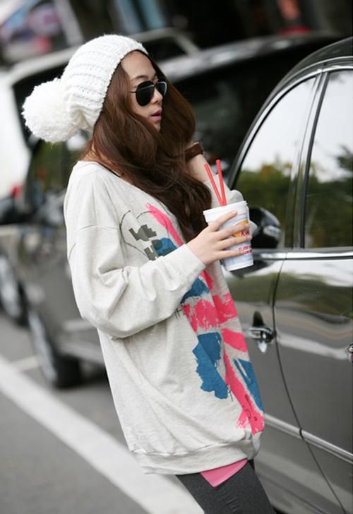   Korea cute girl lady over hip large long sleeve T shirt pink UK flag