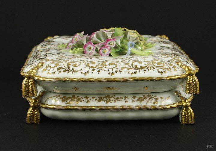 VICTORIAN PORCELAIN PAINTED GILT FLORAL JEWELRY BOX  