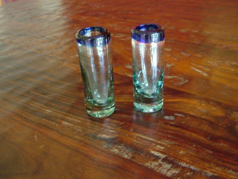 CORRALEJO Tequila Blue Rim Hand Blown Shots (2)  